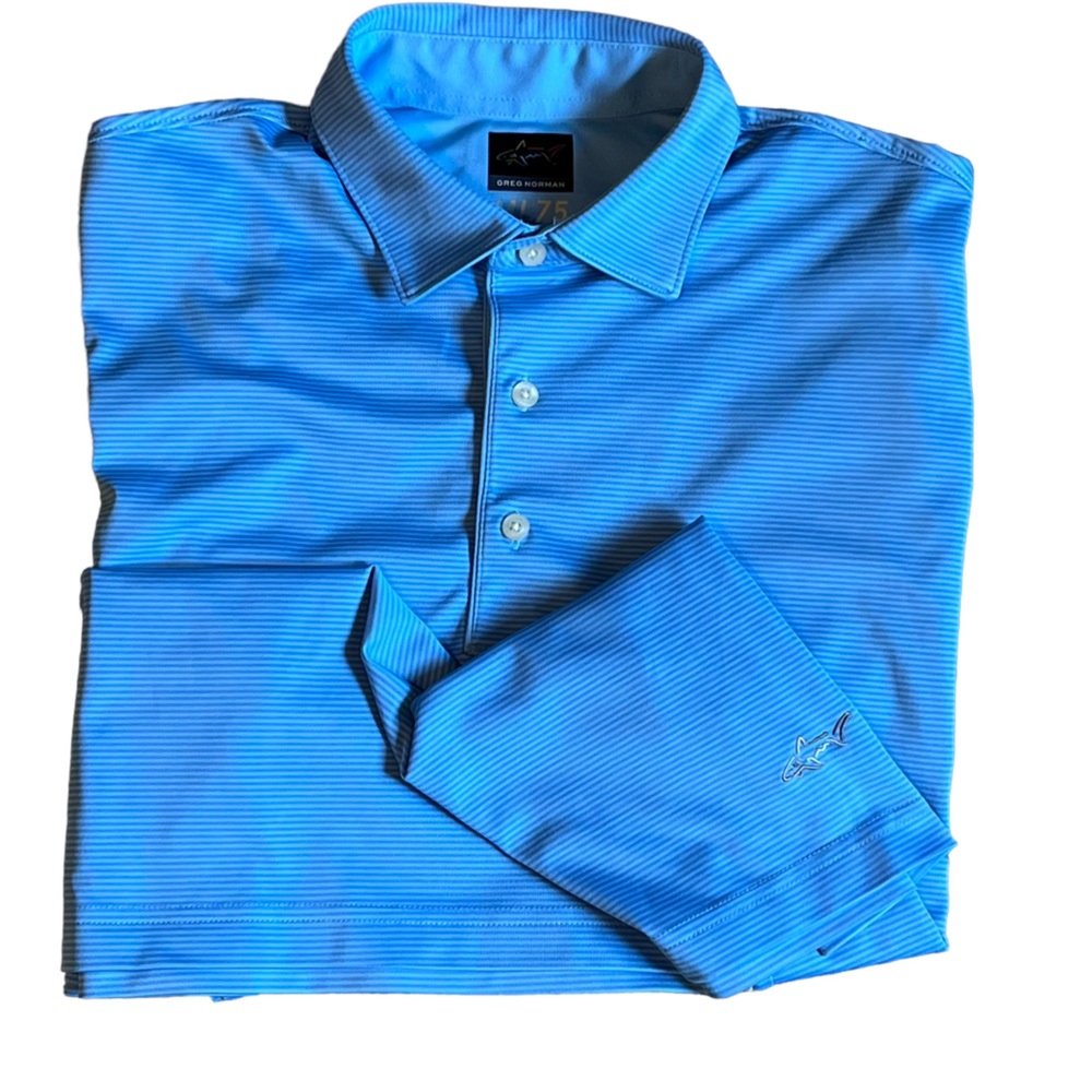 GREG NORMAN ML75 Play Dry Men’s Polo Golf Shirt Blue Stripes EUC Size Medium